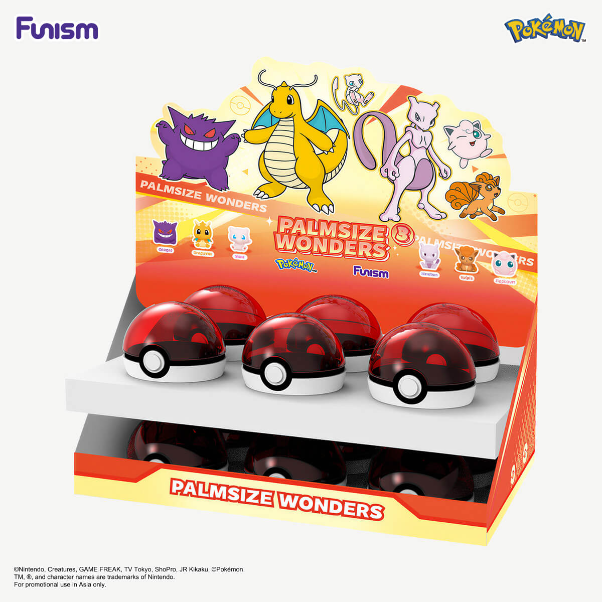 Funism Pokémon Palmsize Wonders Vol. 3 Display mit Pokéball-Kapseln – Gengar, Dragoran, Mewtu, Pummeluff, Vulpix, Mew
